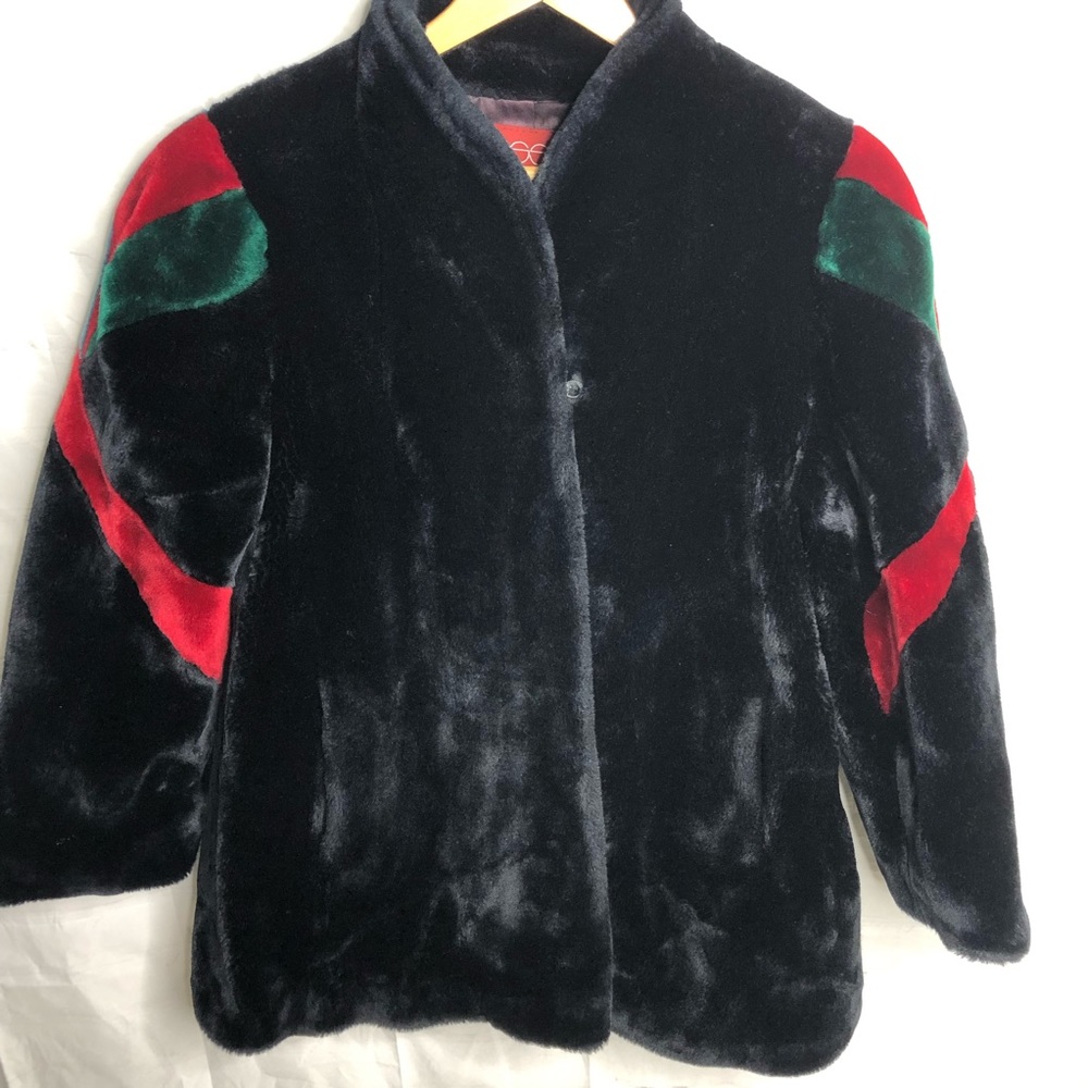 Vintage Sasson Borgazia 80's Women’s Faux Fur Black Coat striped sleeves size 12